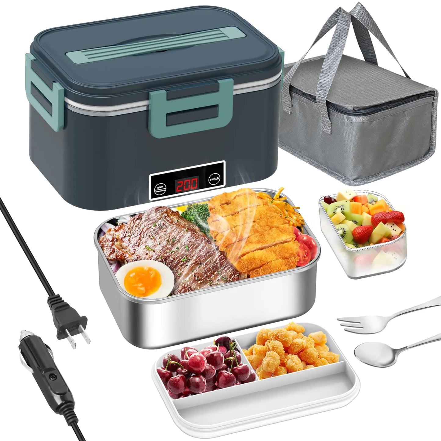 Electric Lunch Box Food Heater for Adults 80W Heated Lunch Box with Digital Temperature Display12V/24V/110V 1.8L Stainless Steel & 1L PP Fruit Container Portable Food Warmer LunchBox for Car/Work