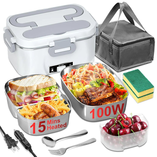 Epinovo Electric Heated Lunch Box for Adults - 1.8L 100W Fast Heating Lunch Box Portable Food Heater with Dual Container for Car Truck Office(12V/24V/110V) White