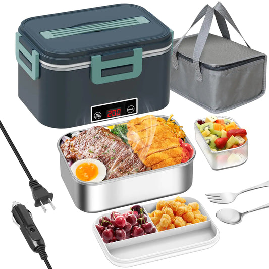 Electric Lunch Box Food Heater for Adults 80W Heated Lunch Box with Digital Temperature Display12V/24V/110V 1.8L Stainless Steel & 1L PP Fruit Container Portable Food Warmer LunchBox for Car/Work