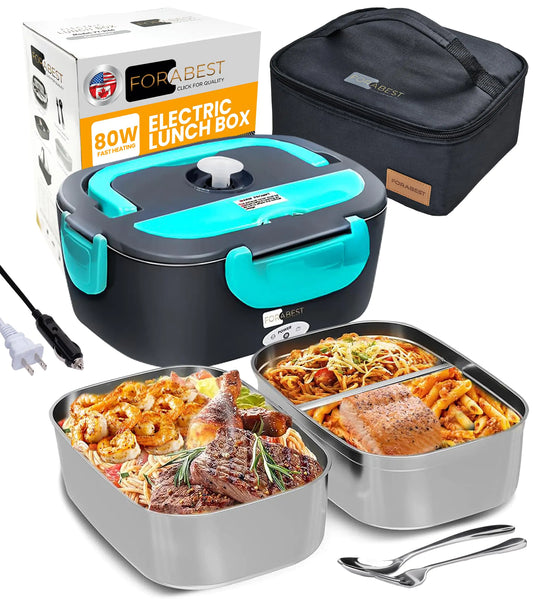 FORABEST Electric Lunch Box for Adults with 2 Stainless Steel Containers Fast 80W Heated Lunch Box for Adult 12/24/110/220V Portable Food Warmer Lunch Box for CarTruckOffice 1.5L Durable Leakproof