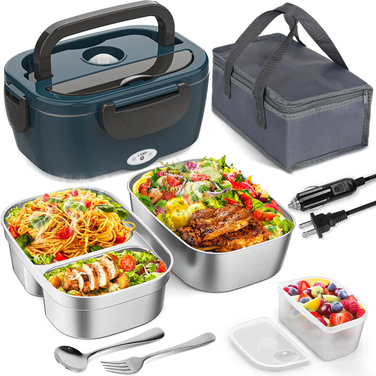 Vingud Electric Lunch Box Heated Lunch Box for Adults with 2 Stainless Steel Container 1.5L Portable 80W Food Warmer Lunch Box for Car/Truck/Work/Home 110V/12V/24V/240V